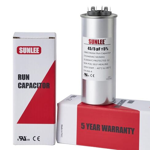 SUNLEE AC Capacitor 45/5 uF 370V / 440V CBB65 Dual Run Round - 45/5 MFD Run Capacitor for HVAC، مكثف مكيف الهواء - معترف به من UL وضمان 5 سنوات in Kuwait