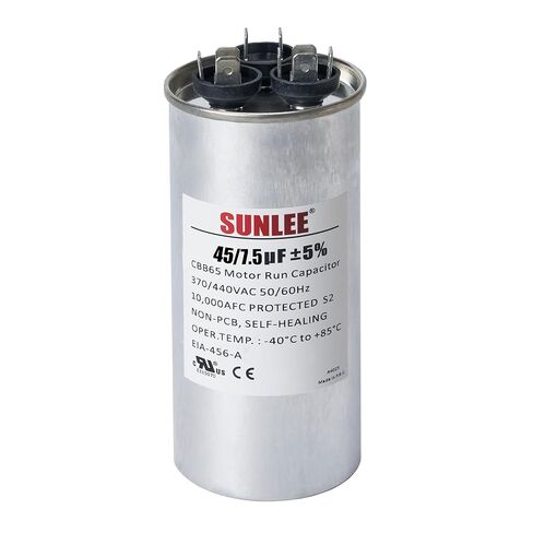 SUNLEE AC Capacitor 45/5 uF 370V / 440V CBB65 Dual Run Round - 45/5 MFD Run Capacitor for HVAC، مكثف مكيف الهواء - معترف به من UL وضمان 5 سنوات in Kuwait