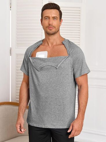 Men's Chemo Post Shirts for Post Shoulder Surgery Recovery Short Sleeve Tear Away Side Zippers Off Chemo Clothing in Kuwait