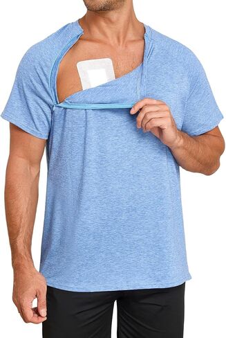 Men's Chemo Post Shirts for Post Shoulder Surgery Recovery Short Sleeve Tear Away Side Zippers Off Chemo Clothing in Kuwait