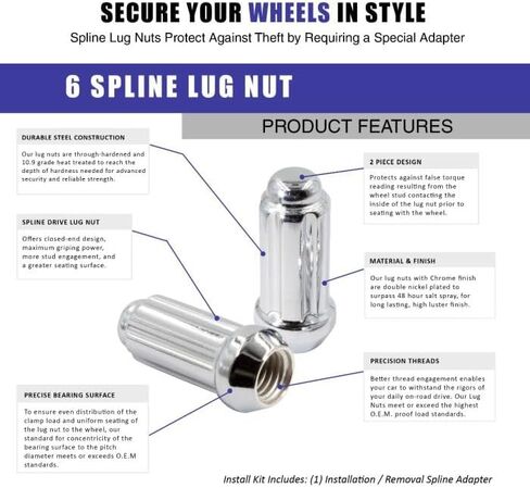 Wheel Accessories Parts 32 Pcs M14x1.5 14x1.5 Thread Truck 2.25" Long Spline Lug Nuts Chrome 6 Spline Hex Fits Chevy Silverado GMC Sierra 2500 3500 Ford F250 F350 Ram 2500 3500 in Saudi Arabia