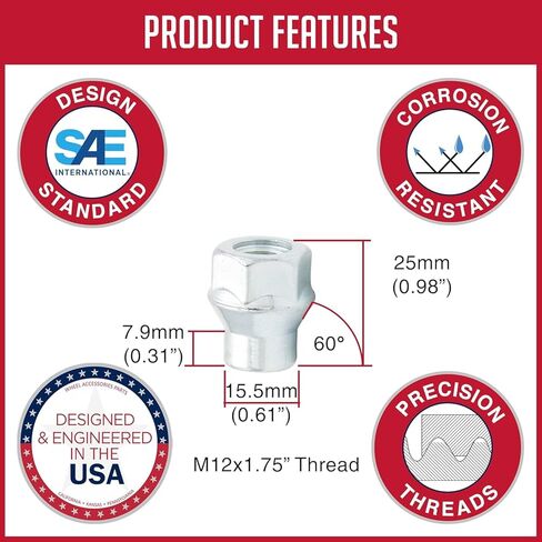 Wheel Accessories Parts 20 Pcs M12x1.75 12x1.75 Thread ET Bulge Acorn (Extra Thread) 1.00" Long Lug Nuts Zinc 3/4" 19mm Hex Fits Ford F150 Expedition Lincoln Navigator in Saudi Arabia
