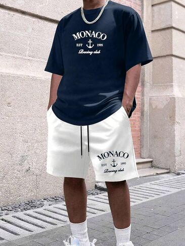 2pcs/Set Men's Casual Statement Letter Print Short Sleeve T-Shirt And Shorts Set, Summer Outfit in Saudi Arabia