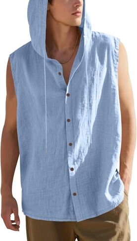 Men Linen Sleeveless Hoodies Button Down Shirt Casual Summer Lightweight Hoodie Beach Hawaiian Vest Shirts with Hood in Saudi Arabia