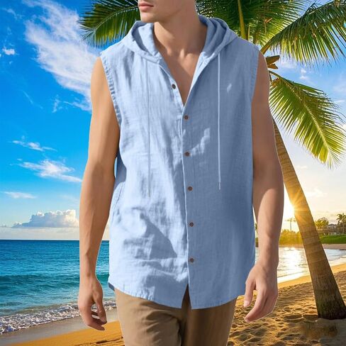 Men Linen Sleeveless Hoodies Button Down Shirt Casual Summer Lightweight Hoodie Beach Hawaiian Vest Shirts with Hood in Saudi Arabia
