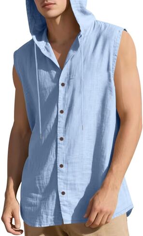 Men Linen Sleeveless Hoodies Button Down Shirt Casual Summer Lightweight Hoodie Beach Hawaiian Vest Shirts with Hood in Saudi Arabia