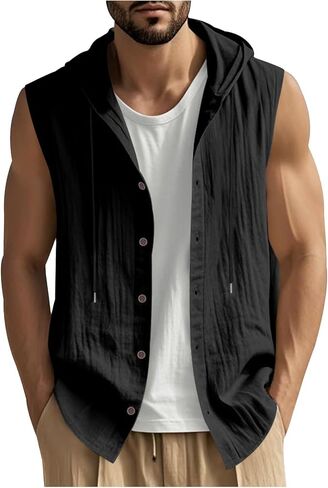 Men Linen Sleeveless Hoodies Button Down Shirt Casual Summer Lightweight Hoodie Beach Hawaiian Vest Shirts with Hood in Saudi Arabia