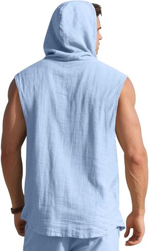 Men Linen Sleeveless Hoodies Button Down Shirt Casual Summer Lightweight Hoodie Beach Hawaiian Vest Shirts with Hood in Saudi Arabia