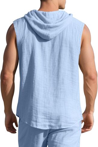 Men Linen Sleeveless Hoodies Button Down Shirt Casual Summer Lightweight Hoodie Beach Hawaiian Vest Shirts with Hood in Saudi Arabia