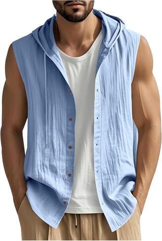 Men Linen Sleeveless Hoodies Button Down Shirt Casual Summer Lightweight Hoodie Beach Hawaiian Vest Shirts with Hood in Saudi Arabia