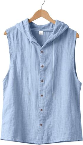 Men Linen Sleeveless Hoodies Button Down Shirt Casual Summer Lightweight Hoodie Beach Hawaiian Vest Shirts with Hood in Saudi Arabia