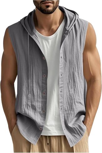 Men Linen Sleeveless Hoodies Button Down Shirt Casual Summer Lightweight Hoodie Beach Hawaiian Vest Shirts with Hood in Saudi Arabia