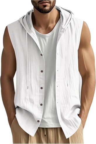 Men Linen Sleeveless Hoodies Button Down Shirt Casual Summer Lightweight Hoodie Beach Hawaiian Vest Shirts with Hood in Saudi Arabia