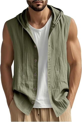 Men Linen Sleeveless Hoodies Button Down Shirt Casual Summer Lightweight Hoodie Beach Hawaiian Vest Shirts with Hood in Saudi Arabia