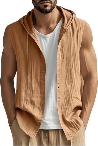 Men Linen Sleeveless Hoodies Button Down Shirt Casual Summer Lightweight Hoodie Beach Hawaiian Vest Shirts with Hood in Saudi Arabia