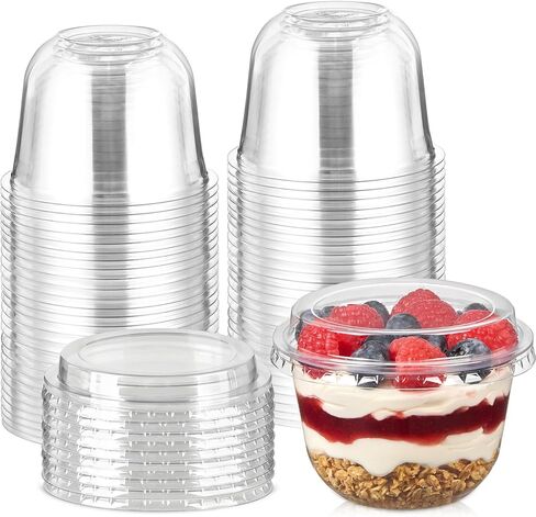 [50 Sets, 9 oz Dessert Cups with Lids, Cute Round Bottom Plastic Fruit Cups with Lid for Parfait, Yogurt, Pudding, Cake, Ice Cream, To Go Snack, Party Supplies in Kuwait