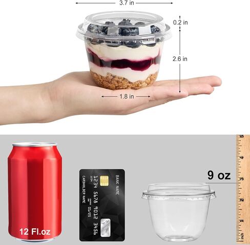 [50 Sets, 9 oz Dessert Cups with Lids, Cute Round Bottom Plastic Fruit Cups with Lid for Parfait, Yogurt, Pudding, Cake, Ice Cream, To Go Snack, Party Supplies in Kuwait