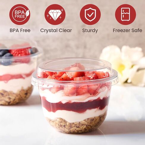 [50 Sets, 9 oz Dessert Cups with Lids, Cute Round Bottom Plastic Fruit Cups with Lid for Parfait, Yogurt, Pudding, Cake, Ice Cream, To Go Snack, Party Supplies in Kuwait