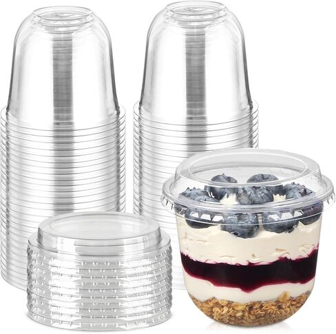 [50 Sets, 9 oz Dessert Cups with Lids, Cute Round Bottom Plastic Fruit Cups with Lid for Parfait, Yogurt, Pudding, Cake, Ice Cream, To Go Snack, Party Supplies in Saudi Arabia