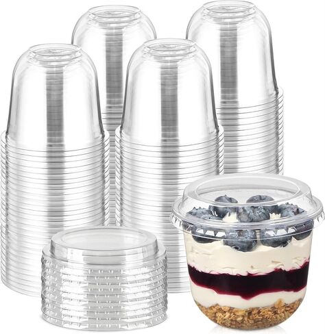 [50 Sets, 9 oz Dessert Cups with Lids, Cute Round Bottom Plastic Fruit Cups with Lid for Parfait, Yogurt, Pudding, Cake, Ice Cream, To Go Snack, Party Supplies in Kuwait