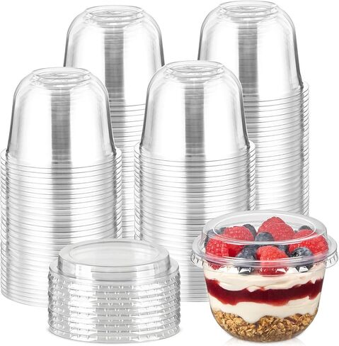 [50 Sets, 9 oz Dessert Cups with Lids, Cute Round Bottom Plastic Fruit Cups with Lid for Parfait, Yogurt, Pudding, Cake, Ice Cream, To Go Snack, Party Supplies in Kuwait