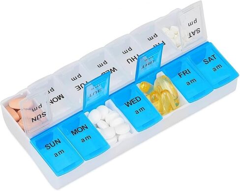 Pill Organizer 7 Day, Pill Box 2 Times a Day AM PM Pill Case, Weekly Pill Container Portable Travel Medicine Box for Vitamins and Supplements (Blue-White) in Saudi Arabia