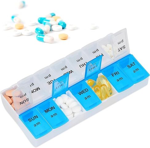 Pill Organizer 7 Day, Pill Box 2 Times a Day AM PM Pill Case, Weekly Pill Container Portable Travel Medicine Box for Vitamins and Supplements (Blue-White) in Saudi Arabia