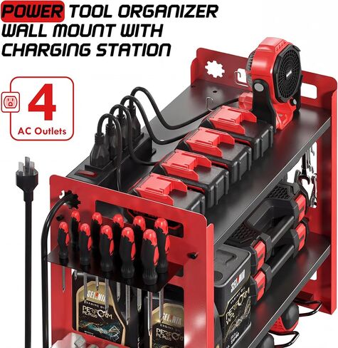 TOPRINCE Power Tool Organizer Wall Mount with Charging Station, 3-Tier Heavy Duty Metal Tool Rack with 4 Drill Holders and 6FT Power Strip, Garage Workshop Storage.Red in Saudi Arabia