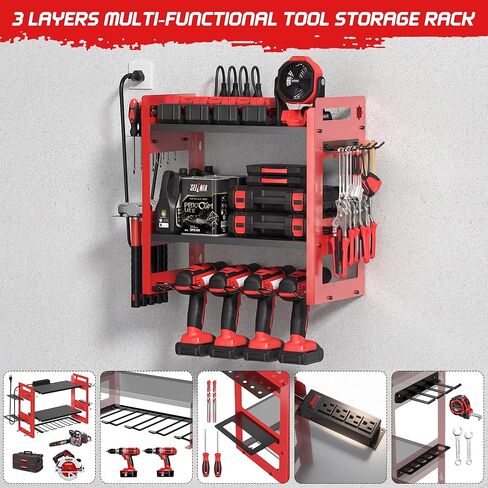 TOPRINCE Power Tool Organizer Wall Mount with Charging Station, 3-Tier Heavy Duty Metal Tool Rack with 4 Drill Holders and 6FT Power Strip, Garage Workshop Storage.Red in Saudi Arabia