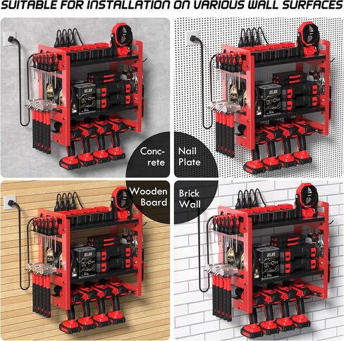 TOPRINCE Power Tool Organizer Wall Mount with Charging Station, 3-Tier Heavy Duty Metal Tool Rack with 4 Drill Holders and 6FT Power Strip, Garage Workshop Storage.Red in Saudi Arabia