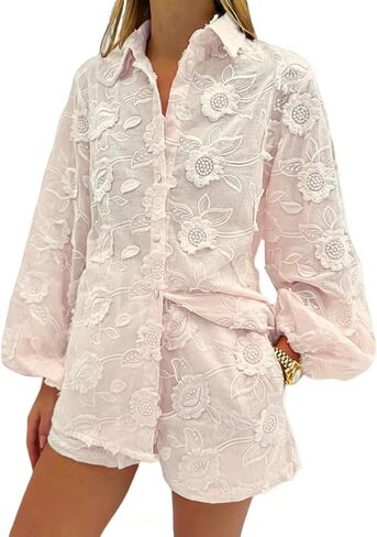 Womens Lace 2 Piece Outfits Long Sleeves Lapel Jacket Top Lace Up Mini Shorts Casual Going Out Sets in Saudi Arabia