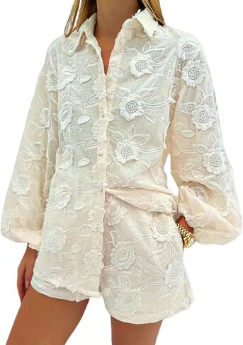Womens Lace 2 Piece Outfits Long Sleeves Lapel Jacket Top Lace Up Mini Shorts Casual Going Out Sets in Saudi Arabia