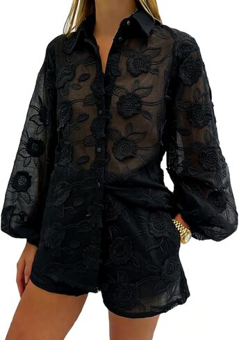 Womens Lace 2 Piece Outfits Long Sleeves Lapel Jacket Top Lace Up Mini Shorts Casual Going Out Sets in Saudi Arabia