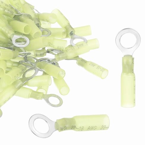 MECCANIXITY 100pcs Heat Shrink Ring Connectors #1/4" Tinned Copper Insulated Ring Crimp Terminals 12-10 Gauge for Electrical Industrial Chemical Project, Yellow in Saudi Arabia