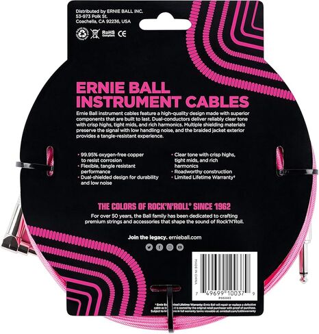 Ernie Ball Braided Instrument Cable Set Straight/Angle Length 18ft in Neon Pink (P06083) - Pack of 2 in Saudi Arabia
