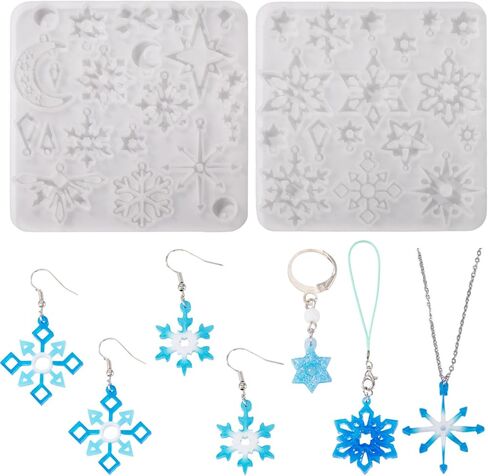 2Pcs Snowflake Silicone Pendant Molds with Hole Winter Xmas Decorative Pendant Resin Casting Mold for DIY Necklace Earring Keychain Charm Jewelry Making Christmas Party Hanging Ornaments Home Decor in Saudi Arabia
