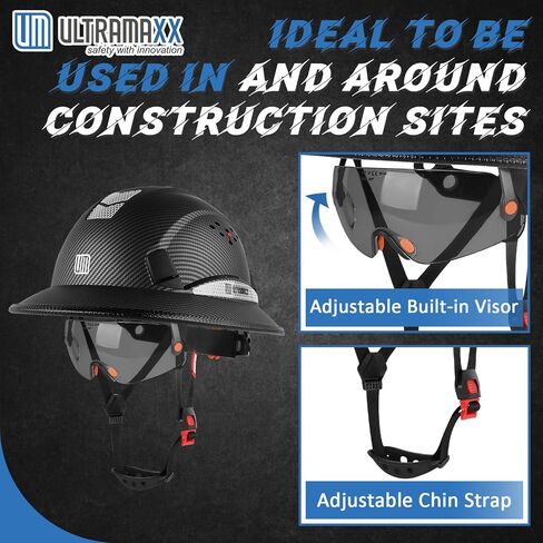 قبعة صلبة ذات حافة كاملة من UM ULTRAMAXX مع قناع مدمج، خوذة أمان البناء معتمدة من ANSI Z89.1 OSHA مع حزام ذقن للرجال والنساء in Kuwait