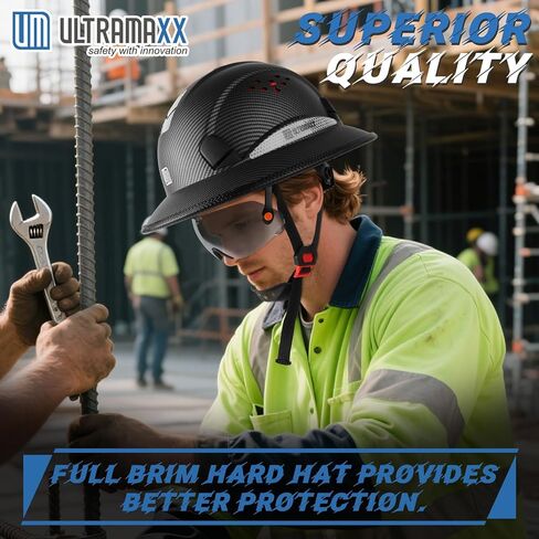 قبعة صلبة ذات حافة كاملة من UM ULTRAMAXX مع قناع مدمج، خوذة أمان البناء معتمدة من ANSI Z89.1 OSHA مع حزام ذقن للرجال والنساء in Kuwait