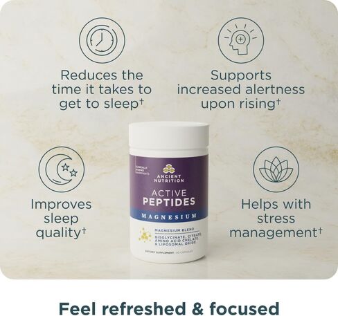 Ancient Nutrition Active Peptides Magnesium Capsules, Bioavailable Magnesium Bisglycinate & Citrate, Liposomal Magnesium Oxide, Supports Sleep Quality & Stress Support, 90 Count in Saudi Arabia
