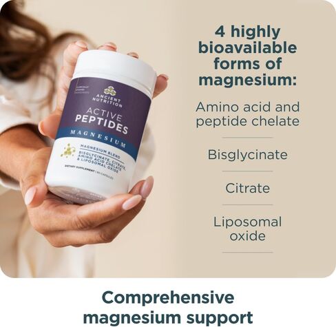 Ancient Nutrition Active Peptides Magnesium Capsules, Bioavailable Magnesium Bisglycinate & Citrate, Liposomal Magnesium Oxide, Supports Sleep Quality & Stress Support, 90 Count in Saudi Arabia