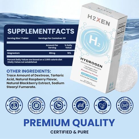 Molecular Hydrogen Tablets with Magnesium - 8 PPM Hydrogen Water Tablets for Drinking Water - Rich in Antioxidants, Supports Healthy Aging, Cellular Energy & Brain Health (60 Counts, Raspberry) in Saudi Arabia