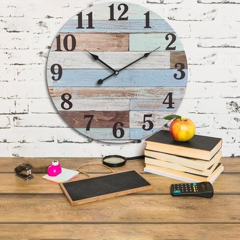 Large Wall Clock for Living Room Decor，24 Inch Blue Round Wood Clock for Bedroom,Coastal Vintage Rustic Clock for Farmhouse Kitchen in Saudi Arabia