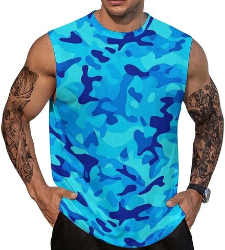 Men Camo Print Sleeveless Moisture Wicking Tank Top Summer Soft Running Gym Workout Shirt in Saudi Arabia