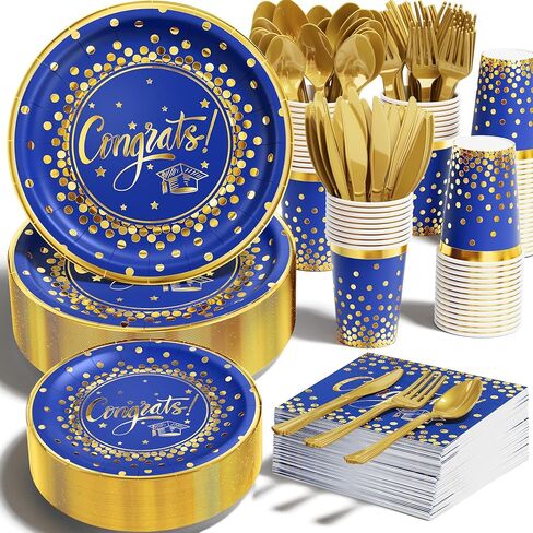 Ecomore 2026 Graduation Party Decoration - 350 PCS Blue Gold Grad Supplies Disposable Dinnerware (Severs 50) w/ Congrats Paper Plates Napkin Cup Plastic Cutlery for College High School Class of 2026 in Saudi Arabia