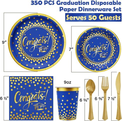 Ecomore 2026 Graduation Party Decoration - 350 PCS Blue Gold Grad Supplies Disposable Dinnerware (Severs 50) w/ Congrats Paper Plates Napkin Cup Plastic Cutlery for College High School Class of 2026 in Saudi Arabia
