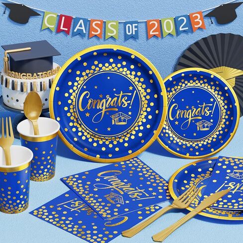 Ecomore 2026 Graduation Party Decoration - 350 PCS Blue Gold Grad Supplies Disposable Dinnerware (Severs 50) w/ Congrats Paper Plates Napkin Cup Plastic Cutlery for College High School Class of 2026 in Saudi Arabia