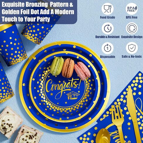 Ecomore 2026 Graduation Party Decoration - 350 PCS Blue Gold Grad Supplies Disposable Dinnerware (Severs 50) w/ Congrats Paper Plates Napkin Cup Plastic Cutlery for College High School Class of 2026 in Saudi Arabia