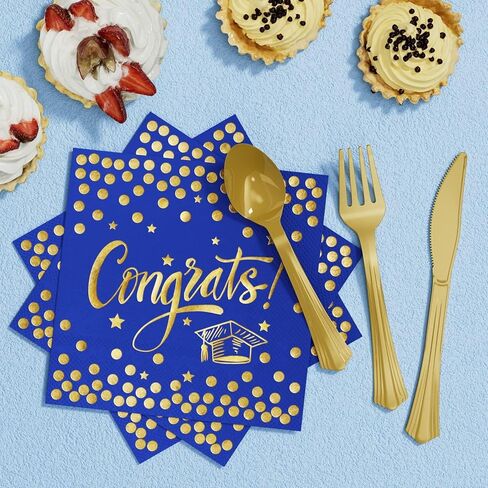 Ecomore 2026 Graduation Party Decoration - 350 PCS Blue Gold Grad Supplies Disposable Dinnerware (Severs 50) w/ Congrats Paper Plates Napkin Cup Plastic Cutlery for College High School Class of 2026 in Saudi Arabia