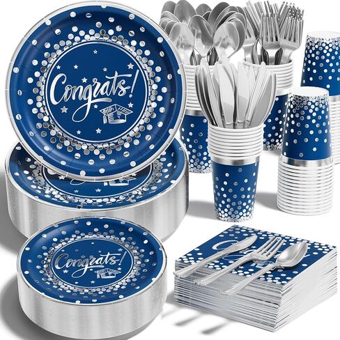 Ecomore 2026 Graduation Party Decoration - 350 PCS Blue Gold Grad Supplies Disposable Dinnerware (Severs 50) w/ Congrats Paper Plates Napkin Cup Plastic Cutlery for College High School Class of 2026 in Saudi Arabia