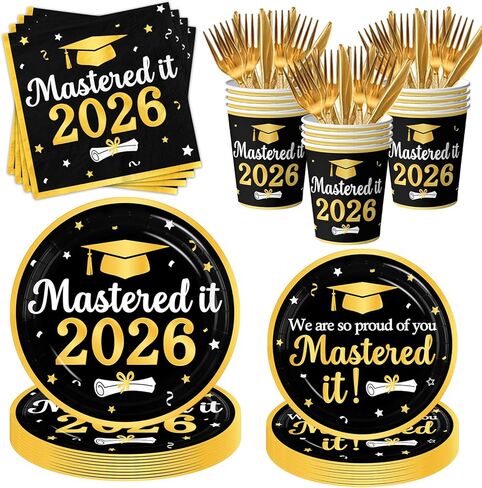 ديكورات التخرج فئة 2026، الذهب الأسود Mastered It 2026 أطباق ورقية للاستعمال مرة واحدة ومناديل وأكواب لمستلزمات حفلات التخرج بالمدرسة الثانوية في الكلية الرئيسية تخدم 25 in Kuwait
